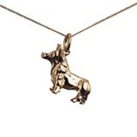 9ct Gold 20x22mm solid Corgi Dog Pendant with a 0.6mm wide curb Chain