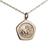 9ct Gold 21mm five sided pentagon Aries Zodiac Pendant with a 1.4mm wide belcher Chain