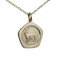 9ct Gold 21mm five sided pentagon Capricorn Zodiac Pendant with a 1.4mm wide belcher Chain 16 inches Only Suitable for Children