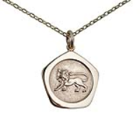 9ct Gold 21mm five sided pentagon Leo Zodiac Pendant with a 1.4mm wide belcher Chain