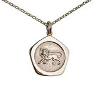 9ct Gold 21mm five sided pentagon Leo Zodiac Pendant with a 1.4mm wide belcher Chain 16 inches Only Suitable for Children