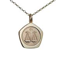 9ct Gold 21mm five sided pentagon Libra Zodiac Pendant with a 1.4mm wide belcher Chain