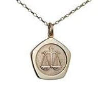 9ct Gold 21mm five sided pentagon Libra Zodiac Pendant with a 1.4mm wide belcher Chain 16 inches Only Suitable for Children
