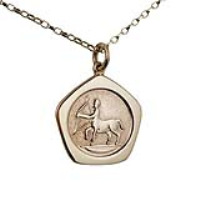 9ct Gold 21mm five sided pentagon Sagittarius Zodiac Pendant with a 1.4mm wide belcher Chain