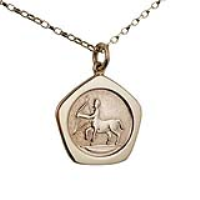 9ct Gold 21mm five sided pentagon Sagittarius Zodiac Pendant with a 1.4mm wide belcher Chain 16 inches Only Suitable for Children