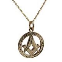 9ct Gold 21mm hand engraved Masonic emblem in a circle Pendant with a 1.8mm wide curb Chain
