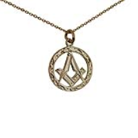 9ct Gold 21mm hand engraved Masonic emblem in a circle with G Pendant with a 1.2mm wide cable Chain