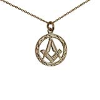 9ct Gold 21mm hand engraved Masonic emblem in a circle with G Pendant with a 1.2mm wide cable Chain 18 inches