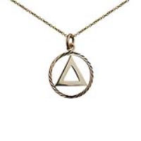 9ct Gold 21mm round diamond cut edge Alcoholics Anonymous Pendant with a 1.1mm wide cable Chain 16 inches Only Suitable for Children