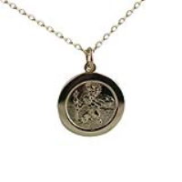 9ct Gold 21mm round St Christopher Pendant with a 1.4mm wide belcher Chain 16 inches Only Suitable for Children