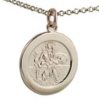 9ct Gold 21mm round St Christopher Pendant with car boat train plane on back with a 1.4mm wide belcher Chain