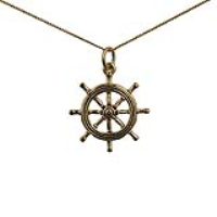 9ct Gold 21mm Ship&#39;s Wheel Pendant with a 0.6mm wide curb Chain