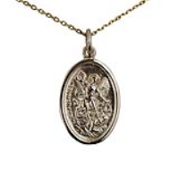 9ct Gold 21x15mm oval St Michael Pendant with a 1.2mm wide cable Chain 16 inches Only Suitable for Children
