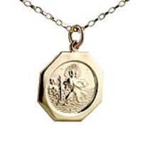 9ct Gold 21x21mm hexagonal St Christopher Pendant with a 1.4mm wide belcher Chain
