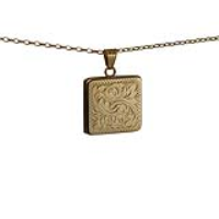 9ct Gold 22mm square hand engraved flat Locket with a 1.4mm wide belcher Chain