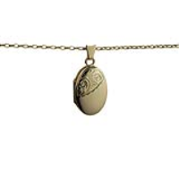 9ct Gold 22x15mm oval half hand engraved Locket with a 1.4mm wide belcher Chain