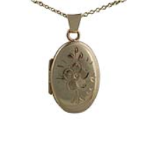 9ct Gold 22x15mm oval hand engraved flower design Locket with a 1.2mm wide cable Chain 16 inches Only Suitable for Children