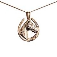 9ct Gold 22x20mm Horse Head in Horseshoe Pendant with a 0.6mm wide curb Chain