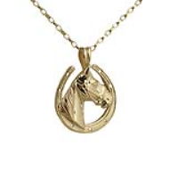 9ct Gold 22x20mm Horse Head in Horseshoe with a 1.4mm wide belcher Chain 16 inches Only Suitable for Children