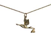 9ct Gold 22x30mm solid Stork with Baby Pendant with a 1.1mm wide cable Chain