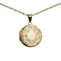 9ct Gold 23mm round hand engraved celtic pattern flat Locket with a 1.4mm wide belcher Chain
