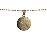 9ct Gold 23mm round hand engraved flat Locket with a 1.4mm wide belcher Chain
