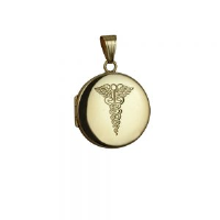 9ct Gold 23mm round hand engraved medical alarm symbol flat Locket