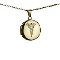 9ct Gold 23mm round hand engraved medical alarm symbol flat Locket with a 1.4mm wide belcher Chain