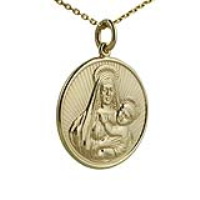 9ct Gold 23mm round Madonna and Child Pendant with a 1.2mm wide cable Chain 16 inches Only Suitable for Children