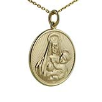 9ct Gold 23mm round Madonna and Child Pendant with a 1.2mm wide cable Chain 18 inches