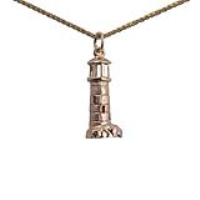 9ct Gold 23x10mm solid Lighthouse Pendant with a 1.1mm wide spiga Chain