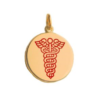 9ct Gold 25mm round medical alarm Disc Pendant with vitreous red enamel