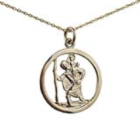9ct Gold 25mm round pierced St Christopher Pendant with a 1.1mm wide cable Chain 18 inches