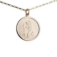 9ct Gold 25mm round St Christopher Pendant with a 1.4mm wide belcher Chain 16 inches Only Suitable for Children