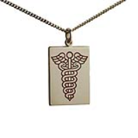 9ct Gold 25x18mm rectangular medical alarm Disc Pendant with vitreous red enamel with a 1.8mm wide curb Chain 16 inches only siutable for children
