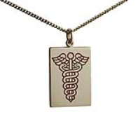 9ct Gold 25x18mm rectangular medical alarm Disc Pendant with vitreous red enamel with a 1.8mm wide curb Chain 24 inches