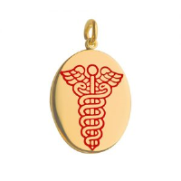 9ct Gold 25x20mm oval medical alarm Disc Pendant with vitreous red enamel