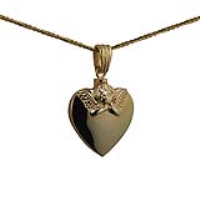 9ct Gold 25x22mm handmade Embossed Angel Heart shaped Memorial Locket with a 1.1mm wide spiga Chain