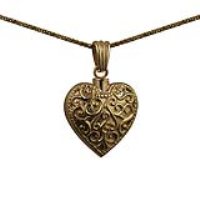 9ct Gold 25x22mm handmade Embossed Heart shaped Memorial Locket with a 1.1mm wide spiga Chain