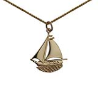 9ct Gold 25x24mm Ship in Circle Pendant with a 1.1mm wide spiga Chain 16 inches Only Suitable for Children