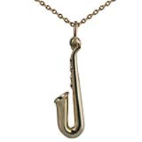 9ct Gold 25x8mm solid Saxophone Pendant with a 1.1mm wide cable Chain
