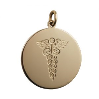 9ct Gold 26mm round hand engraved medical alarm symbol Disc Pendant