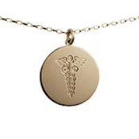 9ct Gold 26mm round hand engraved medical alarm symbol Disc Pendant with a 1.4mm wide belcher Chain 24 inches