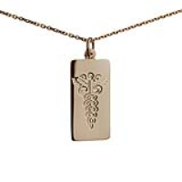 9ct Gold 26x13mm rectangular hand engraved medical alarm symbol Disc Pendant with a 1.2mm wide cable Chain 16 inches Only Suitable for Children