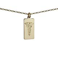 9ct Gold 26x13mm rectangular hand engraved medical alarm symbol Disc Pendant with a 1.4mm wide belcher Chain 16 inches Only Suitable for Children