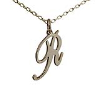 9ct Gold 26x14mm plain palace script Initial R Pendant with a 1.4mm wide belcher Chain 16 inches Only Suitable for Children