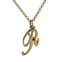 9ct Gold 26x14mm plain Ruby set palace script Initial R Pendant with a 1.8mm wide belcher Chain
