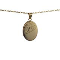 9ct Gold 26x19mm oval half hand engraved flat Locket with a 1.4mm wide belcher Chain 16 inches Only Suitable for Children