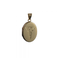 9ct Gold 26x19mm oval hand engraved medical alarm symbol flat Locket