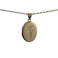 9ct Gold 26x19mm oval hand engraved medical alarm symbol flat Locket with a 1.4mm wide belcher Chain